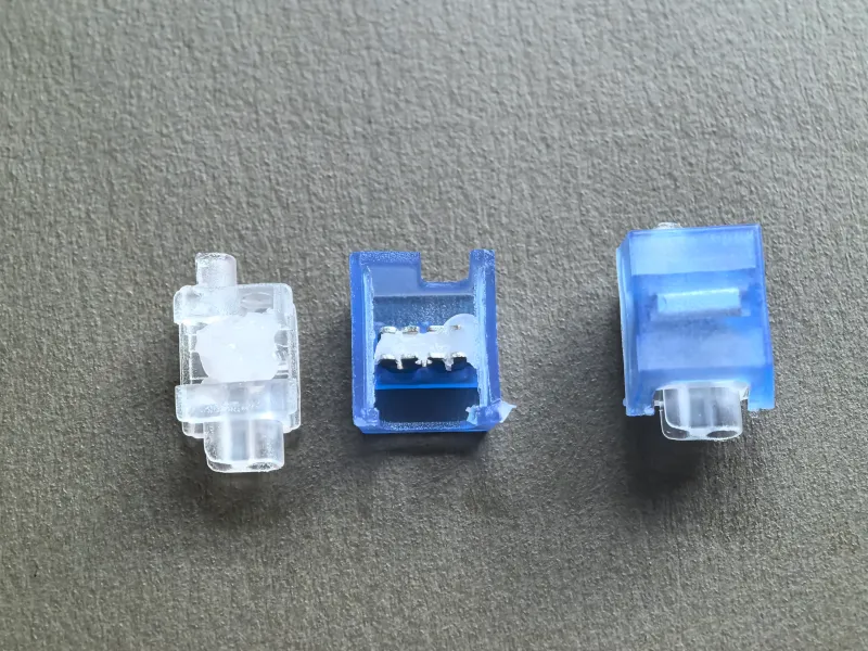 UB2A bridge connector open cap showing internal gel and IDC blade